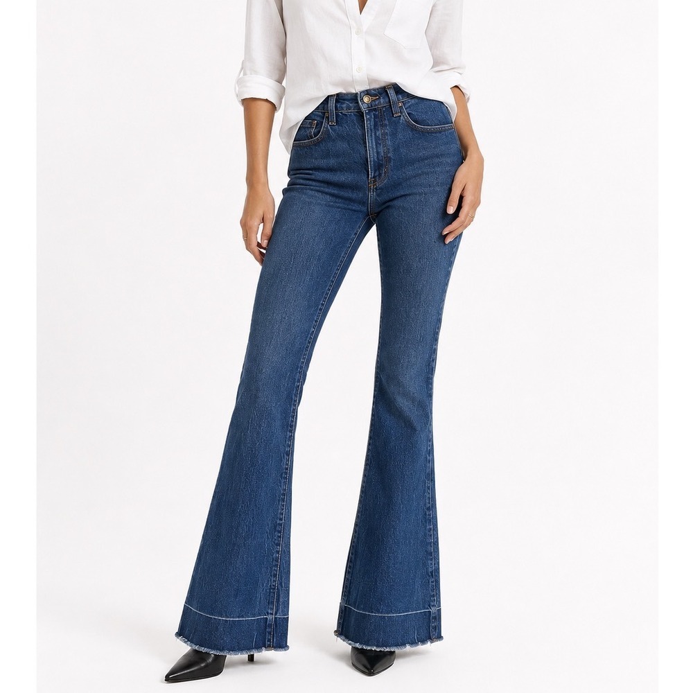 Favorite Daughter Valentina Flare Jeans Womens 25 Pepper High Rise Raw Hem Blue